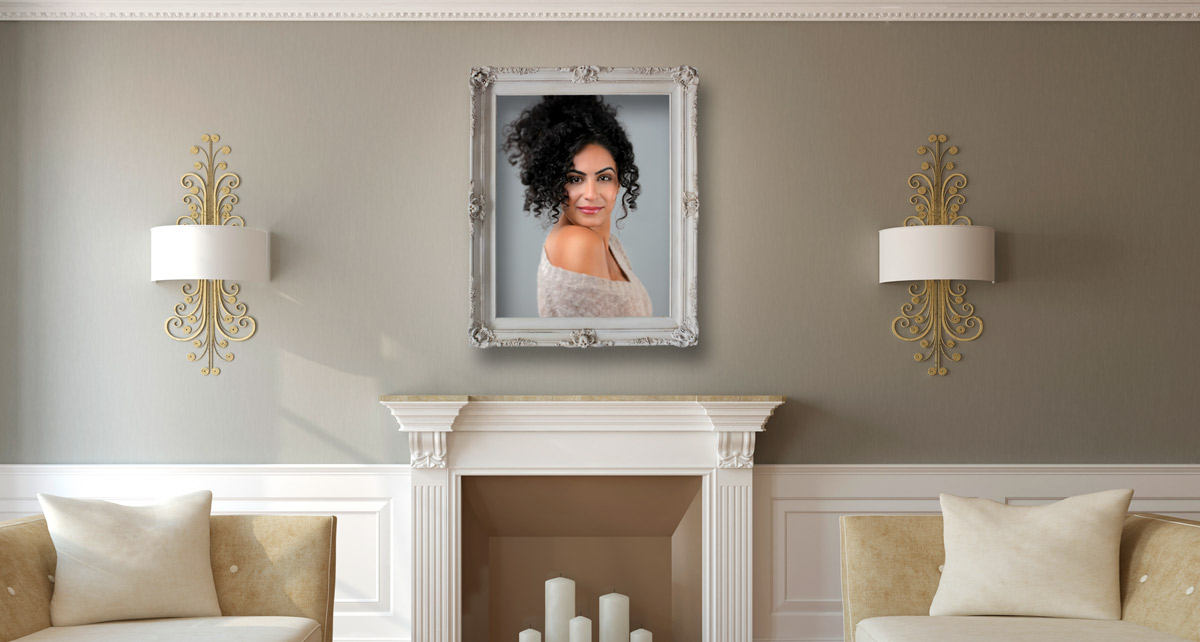 Portrait wall of a beautiful girl over fireplace. Hugh Anderson Photography